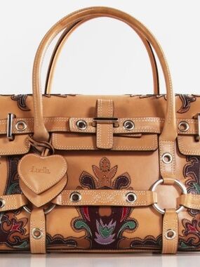 Tan Embroidered Leather Satchel with Heart Charm